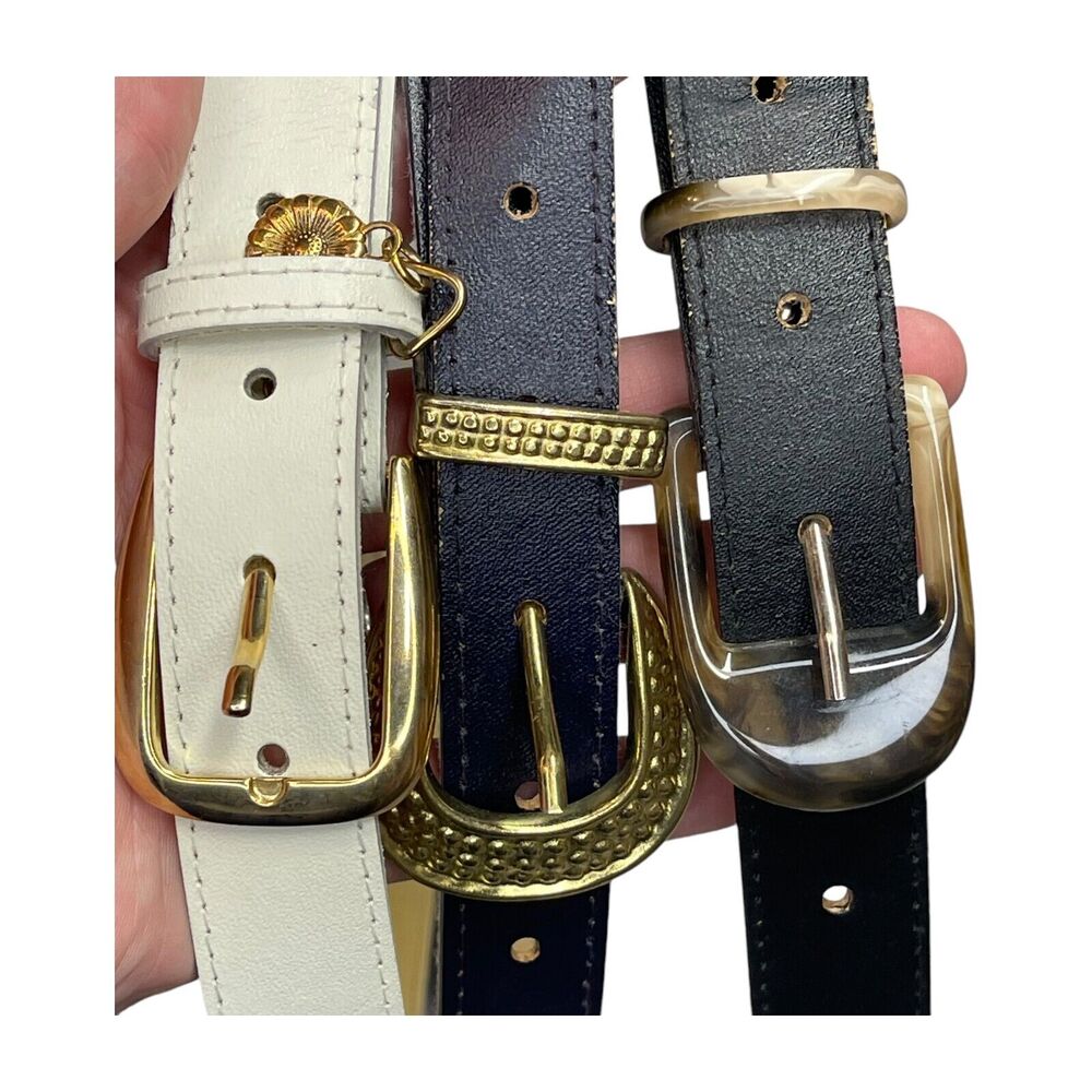 Women's Black White Leather Gold Tone Buckle Fashion Waist Belt Size 16 Lot of 3 - Picture 7 of 7